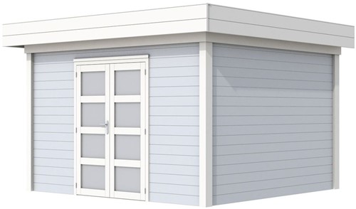 Blokhut Parelhoen, afm. 395 x 303 cm, plat dak, houtdikte 28 mm. - basis en deur wit, wand grijs gespoten