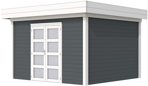 Blokhut Parelhoen, afm. 395 x 303 cm, plat dak, houtdikte 28 mm. - basis en deur wit, wand antraciet gespoten
