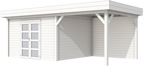 blokhut Parelhoen met luifel 300, afm. 686 x 303 cm, plat dak, houtdikte 28 mm. - wit gespoten vuren