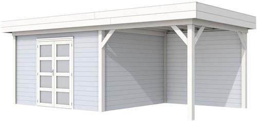 Blokhut Parelhoen met luifel 400, afm. 778 x 303 cm, plat dak, houtdikte 28 mm. - basis en deur wit, wand grijs gespoten