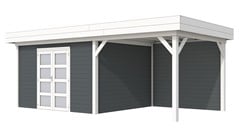 blokhut Parelhoen met luifel 300, afm. 686 x 303 cm, plat dak, houtdikte 28 mm. - basis en deur wit, wand antraciet gespoten