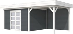 blokhut Parelhoen met luifel 300, afm. 686 x 303 cm, plat dak, houtdikte 28 mm. - basis en deur wit, wand antraciet gespoten