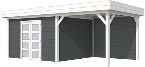 Blokhut Parelhoen met luifel 400, afm. 778 x 303 cm, plat dak, houtdikte 28 mm. - basis en deur wit, wand antraciet gespoten
