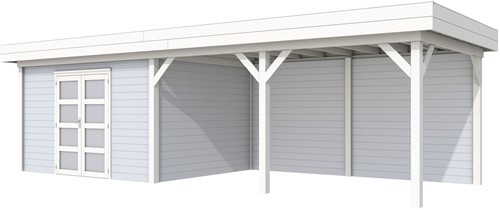 Blokhut Parelhoen met luifel 500, afm.876 x 303 cm, plat dak, houtdikte 28 mm. - basis en deur wit, wand grijs gespoten