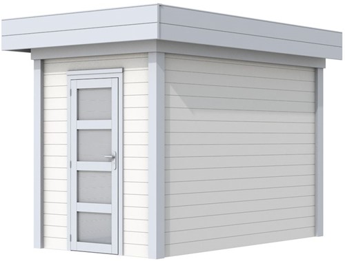 Blokhut Kiekendief, afm. 203 x 303 cm. plat dak, houtdikte 28 mm. - basis en deur grijs, wand wit gespoten
