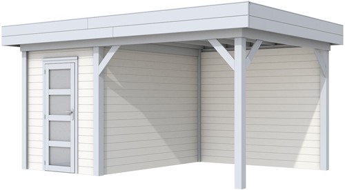 Blokhut Kiekendief met luifel 400, afm. 586 x 303 cm, plat dak, houtdikte 28 mm. - basis en deur grijs, wand wit gespoten