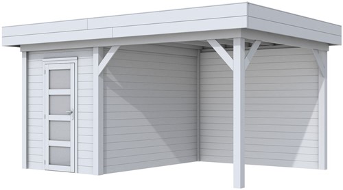 Blokhut Kiekendief met luifel 400, afm. 586 x 303 cm, plat dak, houtdikte 28 mm. - grijs gespoten vuren