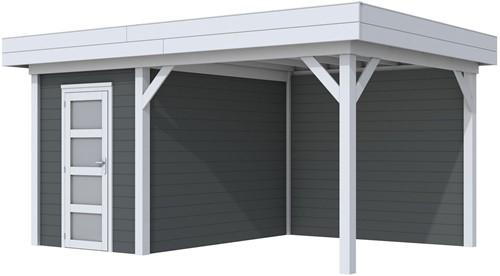 Blokhut Kiekendief met luifel 400, afm. 586 x 303 cm, plat dak, houtdikte 28 mm. - basis en deur grijs, wand antraciet gespoten