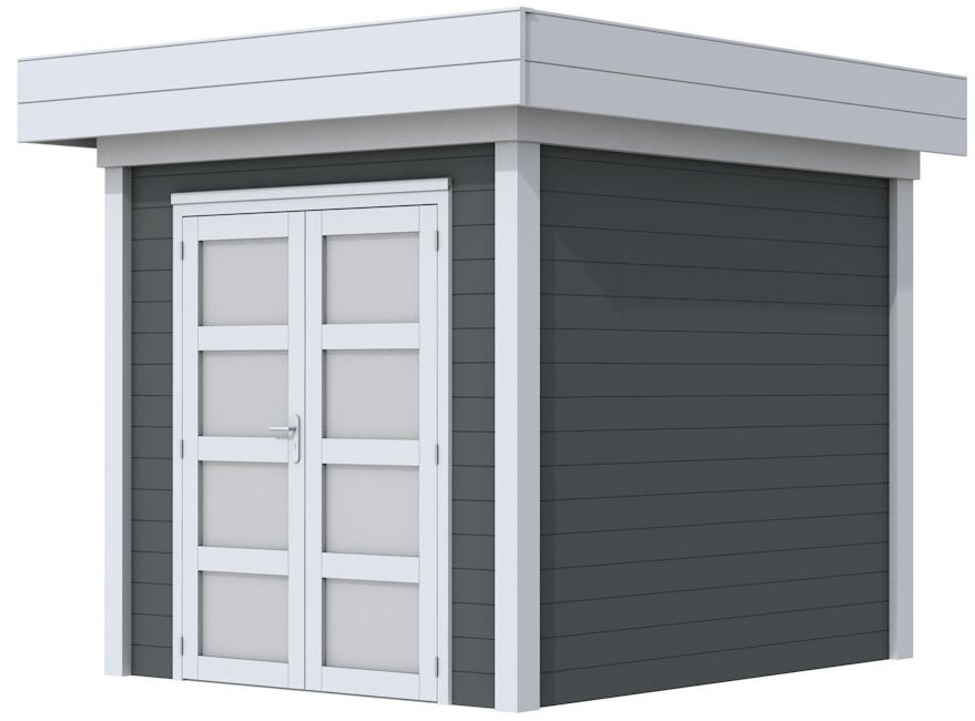 Blokhut Kolibri, afm. 253 x cm, plat dak, houtdikte 28 mm. - basis en deur grijs, wand antraciet gespoten Buitengoed
