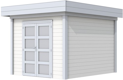Blokhut Bosuil, afm. 303 x 303 cm, plat dak, houtdikte 28 mm. - basis en deur grijs, wand wit gespoten