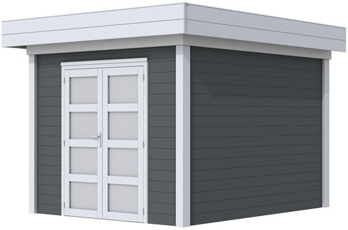 Blokhut Bosuil, afm. 303 x 303 cm, plat dak, houtdikte 28 mm. - basis en deur grijs, wand antraciet gespoten