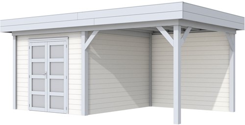 Blokhut Bosuil met luifel 300, afm. 596 x 303 cm, plat dak, houtdikte 28 mm. - basis en deur grijs, wand wit gespoten