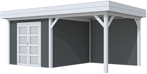 Blokhut Bosuil met luifel 300, afm. 596 x 303 cm, plat dak, houtdikte 28 mm. - basis en deur grijs, wand antraciet gespoten