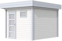 Blokhut Tapuit, afm. 303 x 303 cm, plat dak, houtdikte 28 mm. - basis en deur grijs, wand wit gespoten