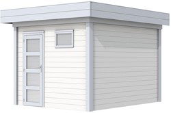 Blokhut Tapuit, afm. 303 x 303 cm, plat dak, houtdikte 28 mm. - basis en deur grijs, wand wit gespoten