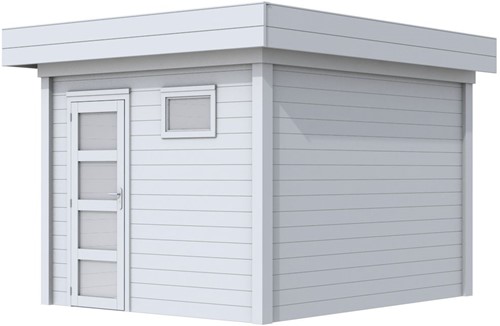 Blokhut Tapuit, afm. 303 x 303 cm, plat dak, houtdikte 28 mm. - grijs gespoten vuren