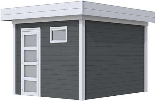 Blokhut Tapuit, afm. 303 x 303 cm, plat dak, houtdikte 28 mm. - basis en deur grijs, wand antraciet gespoten