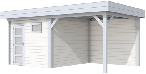 Blokhut Tapuit met luifel 300, afm. 596 x 303  cm, plat dak, houtdikte 28 mm. - basis en deur grijs, wand wit gespoten
