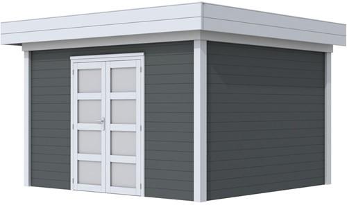 Blokhut Parelhoen, afm. 395 x 303 cm, plat dak, houtdikte 28 mm. - basis en deur grijs, wand antraciet gespoten