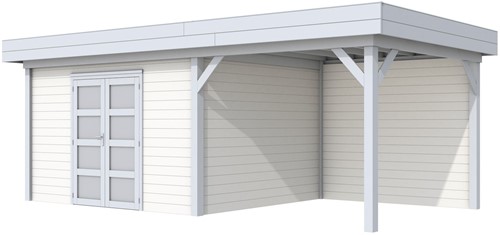 blokhut Parelhoen met luifel 300, afm. 686 x 303 cm, plat dak, houtdikte 28 mm. - basis en deur grijs, wand wit gespoten