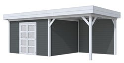 Blokhut Parelhoen met luifel 400, afm. 778 x 303 cm, plat dak, houtdikte 28 mm. - basis en deur grijs, wand antraciet gespoten