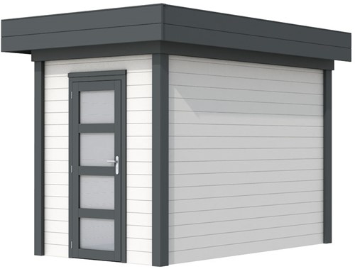 Blokhut Kiekendief, afm. 203 x 303 cm. plat dak, houtdikte 28 mm. - basis en deur antraciet, wand wit gespoten