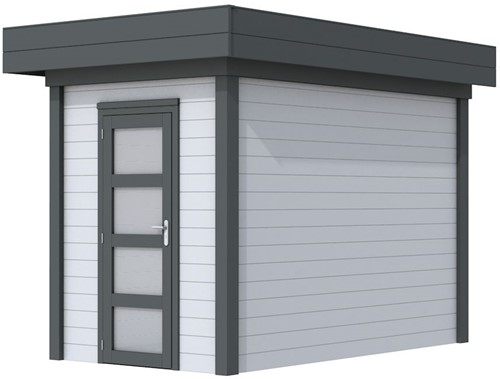 Blokhut Kiekendief, afm. 203 x 303 cm. plat dak, houtdikte 28 mm. - basis en deur antraciet, wand grijs gespoten