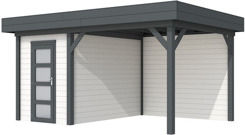 Blokhut Kiekendief met luifel 400, afm. 586 x 303 cm, plat dak, houtdikte 28 mm. - basis en deur antraciet, wand wit gespoten