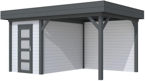 Blokhut Kiekendief met luifel 400, afm. 586 x 303 cm, plat dak, houtdikte 28 mm. - basis en deur antraciet, wand grijs gespoten