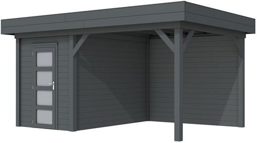 Blokhut Kiekendief met luifel 400, afm. 586 x 303 cm, plat dak, houtdikte 28 mm. - antraciet gespoten vuren