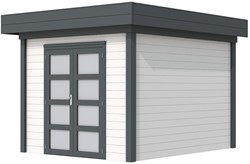 Blokhut Bosuil, afm. 303 x 303 cm, plat dak, houtdikte 28 mm. - basis en deur antraciet, wand wit gespoten
