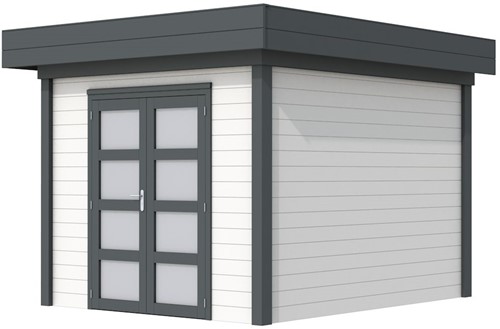 Blokhut Bosuil, afm. 303 x 303 cm, plat dak, houtdikte 28 mm. - basis en deur antraciet, wand wit gespoten