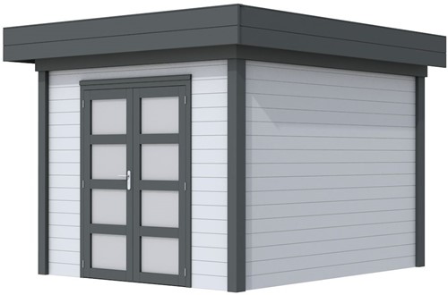 Blokhut Bosuil, afm. 303 x 303 cm, plat dak, houtdikte 28 mm. - basis en deur antraciet, wand grijs gespoten
