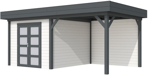 Blokhut Bosuil met luifel 400, afm. 689 x 303 cm, plat dak, houtdikte 28 mm. - basis en deur antraciet, wand wit gespoten