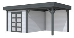 Blokhut Bosuil met luifel 300, afm. 596 x 303 cm, plat dak, houtdikte 28 mm. - basis en deur antraciet, wand grijs gespoten