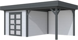 Blokhut Bosuil met luifel 300, afm. 596 x 303 cm, plat dak, houtdikte 28 mm. - basis en deur antraciet, wand grijs gespoten
