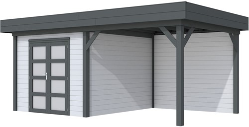 Blokhut Bosuil met luifel 300, afm. 596 x 303 cm, plat dak, houtdikte 28 mm. - basis en deur antraciet, wand grijs gespoten