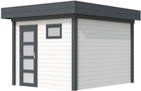 Blokhut Tapuit, afm. 303 x 303 cm, plat dak, houtdikte 28 mm. - basis en deur antraciet, wand wit gespoten