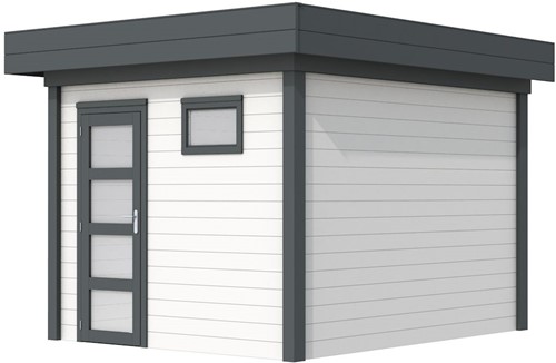 Blokhut Tapuit, afm. 303 x 303 cm, plat dak, houtdikte 28 mm. - basis en deur antraciet, wand wit gespoten