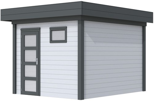 Blokhut Tapuit, afm. 303 x 303 cm, plat dak, houtdikte 28 mm. - basis en deur antraciet, wand grijs gespoten