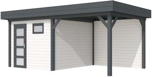 Blokhut Tapuit met luifel 400, afm. 689 x 303 cm, plat dak, houtdikte 28 mm. - basis en deur antraciet, wand wit gespoten
