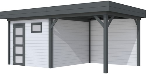 Blokhut Tapuit met luifel 300, afm. 596 x 303  cm, plat dak, houtdikte 28 mm. - basis en deur antraciet, wand grijs gespoten