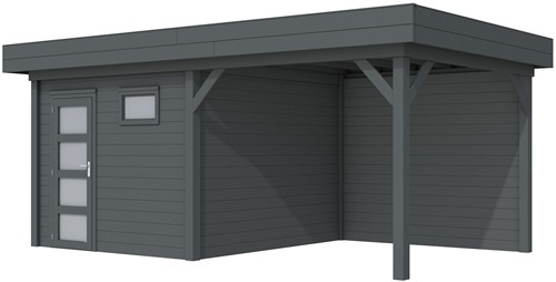 Blokhut Tapuit met luifel 300, afm. 596 x 303  cm, plat dak, houtdikte 28 mm. - antraciet gespoten vuren