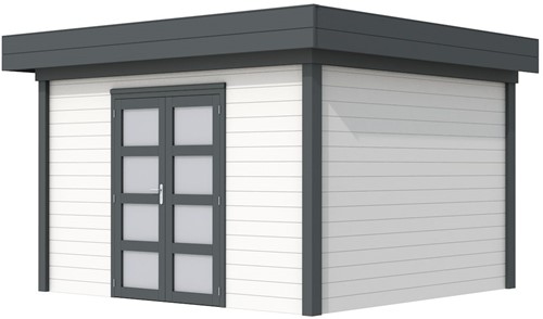 Blokhut Parelhoen, afm. 395 x 303 cm, plat dak, houtdikte 28 mm. - basis en deur antraciet, wand wit gespoten