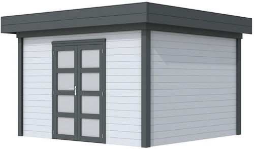 Blokhut Parelhoen, afm. 395 x 303 cm, plat dak, houtdikte 28 mm. - basis en deur antraciet, wand grijs gespoten