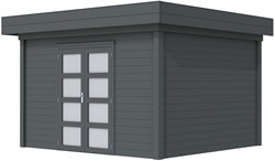 Blokhut Parelhoen, afm. 395 x 303 cm, plat dak, houtdikte 28 mm. - antraciet gespoten vuren