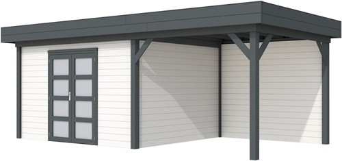 blokhut Parelhoen met luifel 300, afm. 686 x 303 cm, plat dak, houtdikte 28 mm. - basis en deur antraciet, wand wit gespoten