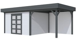 blokhut Parelhoen met luifel 300, afm. 686 x 303 cm, plat dak, houtdikte 28 mm. - basis en deur antraciet, wand grijs gespoten