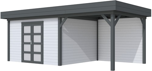 Blokhut Parelhoen met luifel 400, afm. 778 x 303 cm, plat dak, houtdikte 28 mm. - basis en deur antraciet, wand grijs gespoten