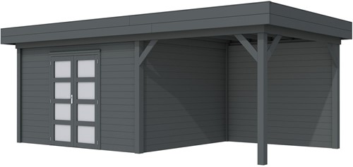 blokhut Parelhoen met luifel 300, afm. 686 x 303 cm, plat dak, houtdikte 28 mm. - antraciet gespoten vuren